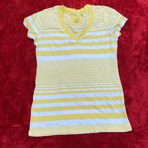 Mountain Lake Yellow White Striped V Neck Tee Short Sleeve Casual Top SIZE M